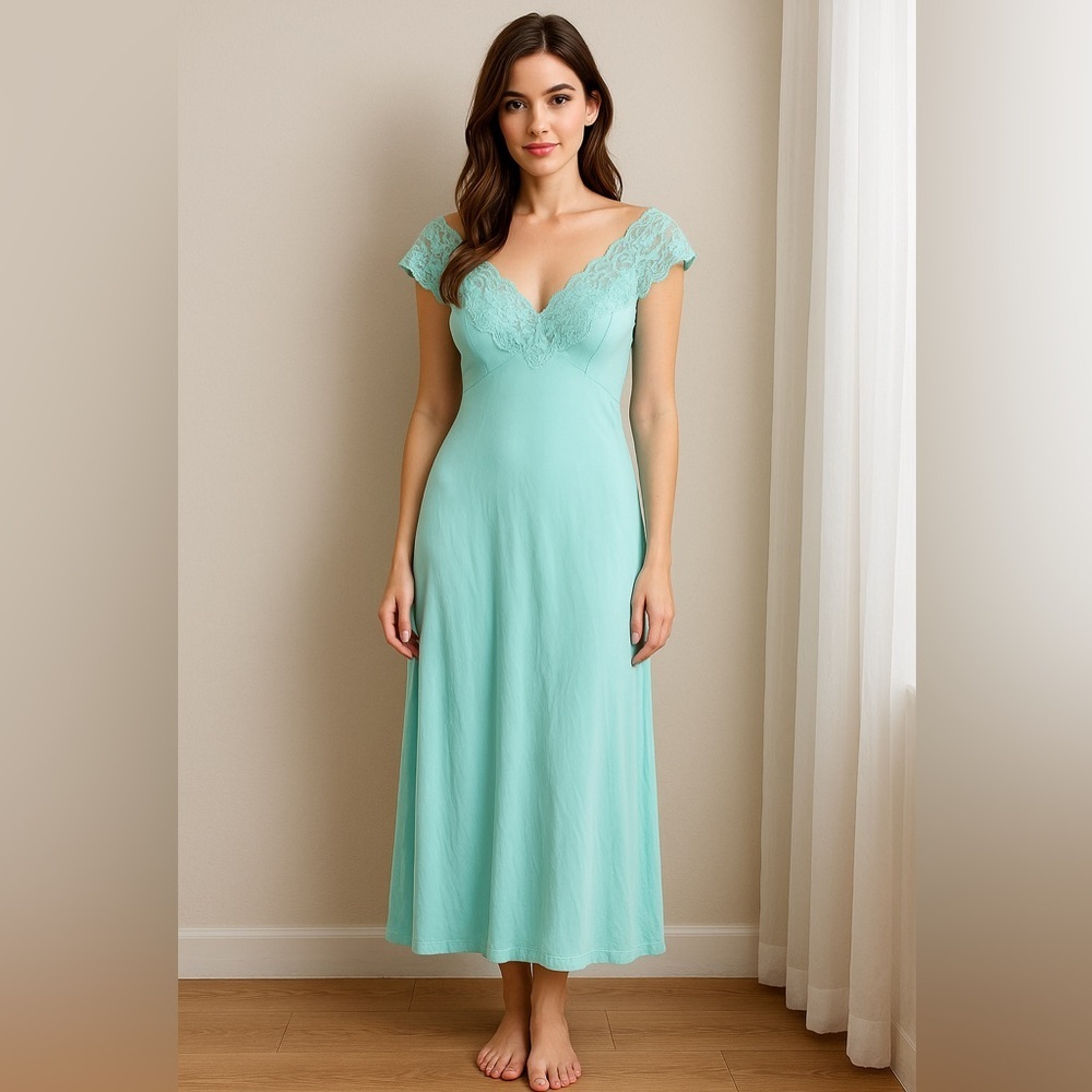 Vintage 1970’s Vanity Fair teal pale Blue Slip Dress Size 36 Small With Lace - Picture 1 of 12